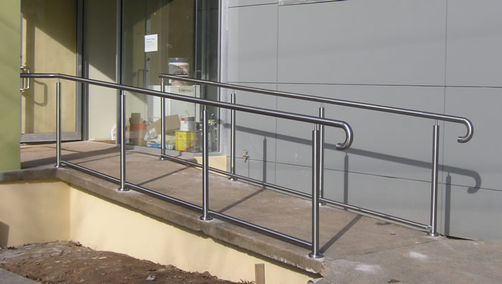 Stainless steel rails along walking ramp